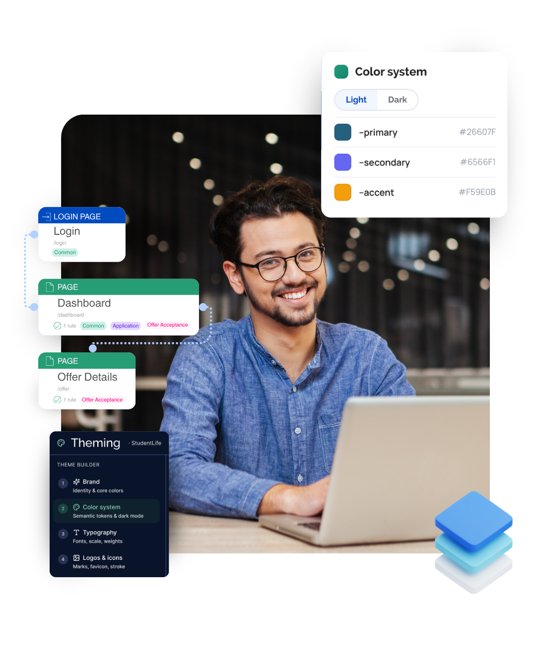 StudentWeb on Pulse student portal with the theme builder and colour-system configuration panels